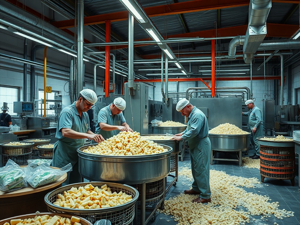 Рабочие на производстве, сортируют и упаковывают продукты на фабрике, окруженные комплектующими.