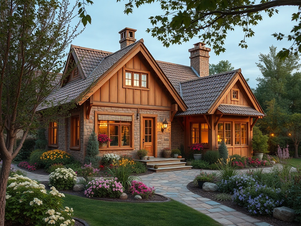 Очаровательный загородный дом с деревянной отделкой, окруженный яркими цветами и зелеными растениями.