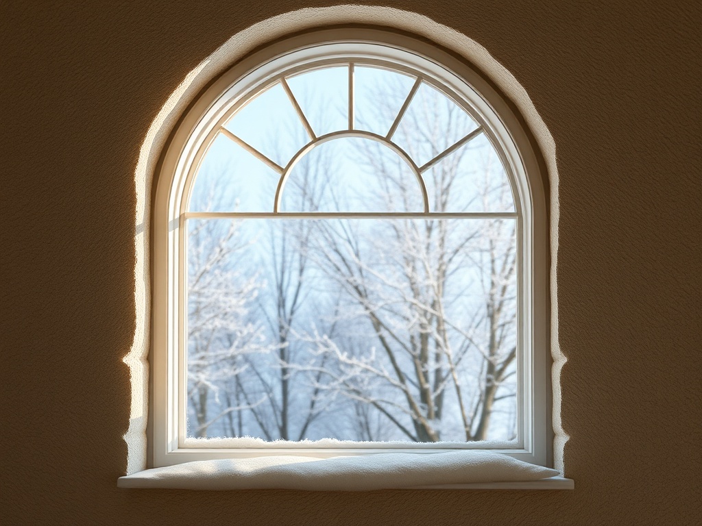 Окно с арочной рамой, за которым видны заснеженные деревья и зимний пейзаж.