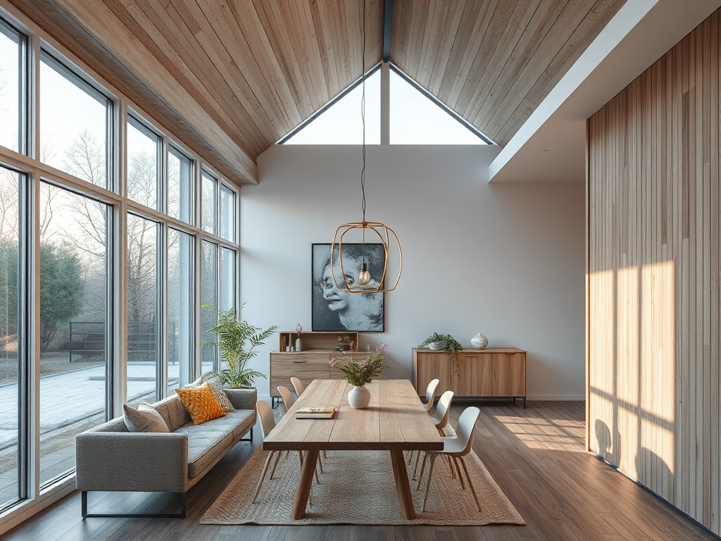 Светлая гостиная с большими окнами, деревянной мебелью и современным дизайном, уютная и стильная обстановка.