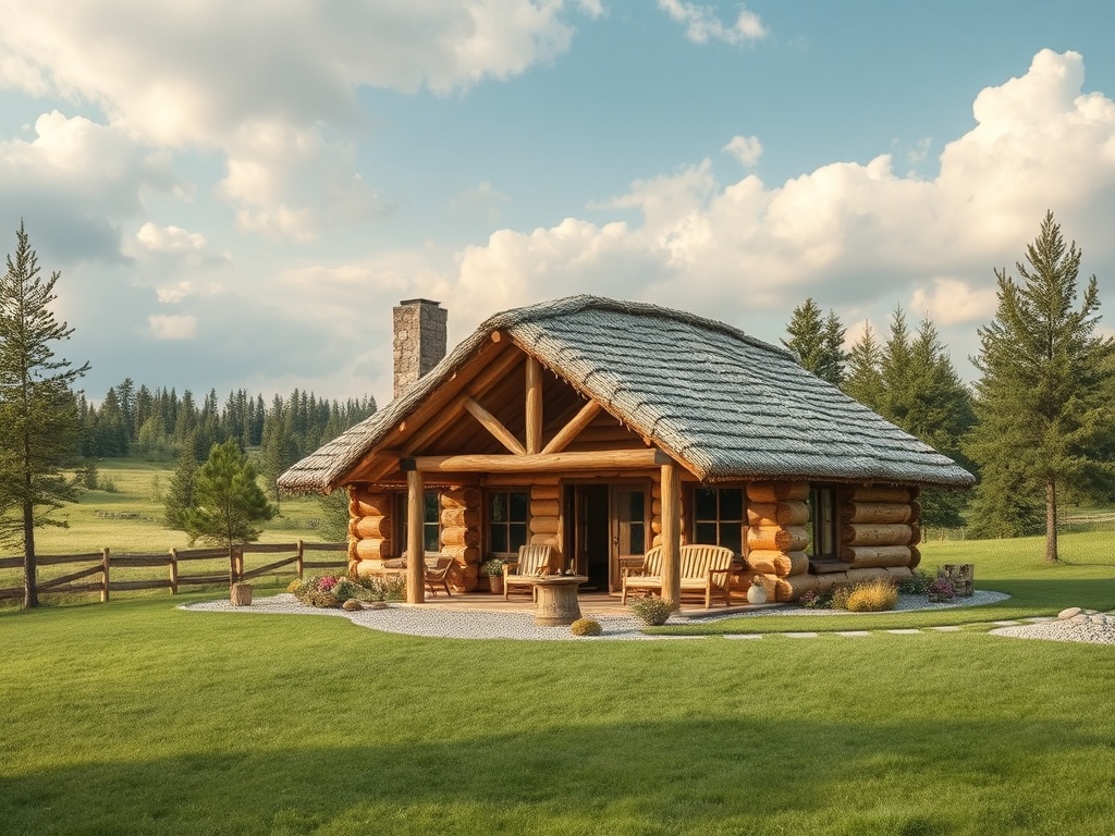 Деревянный дом с соломенной крышей на фоне зеленого луга и леса. Спокойная природная обстановка.