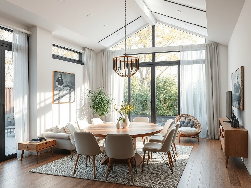 Светлая столовая с большим круглым столом, стульями, растениями и большими окнами. Стильный и уютный интерьер.