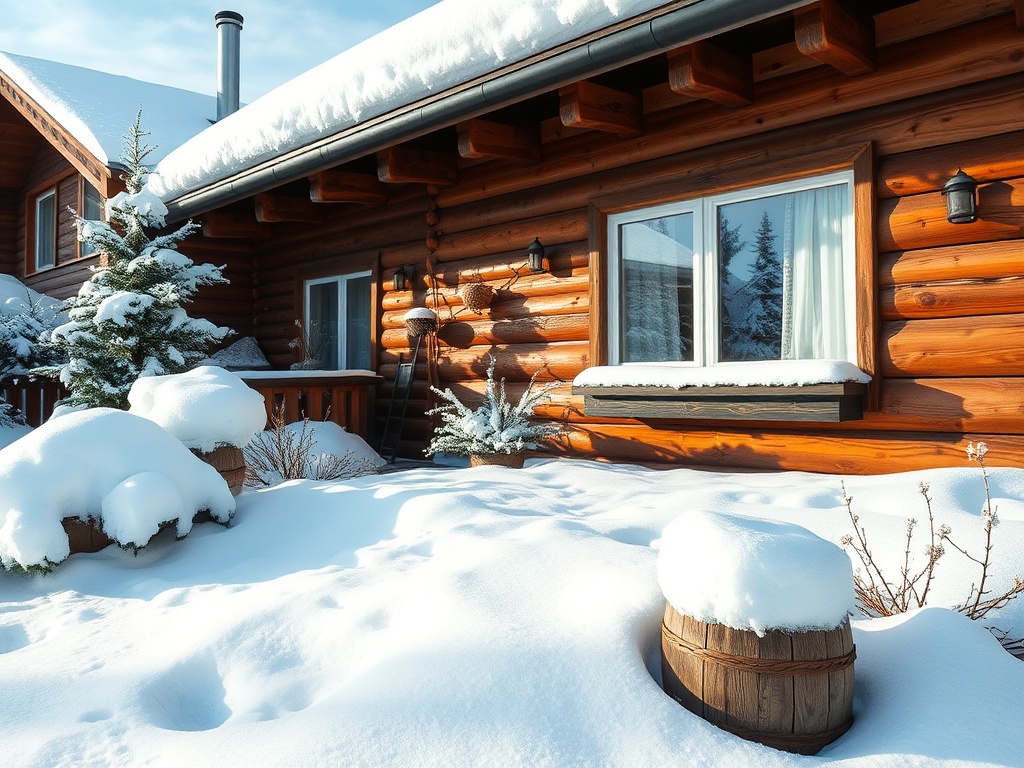 Деревянный дом с снежной крышей и покрытым снегом двором, украшенным еловыми деревьями и цветами.