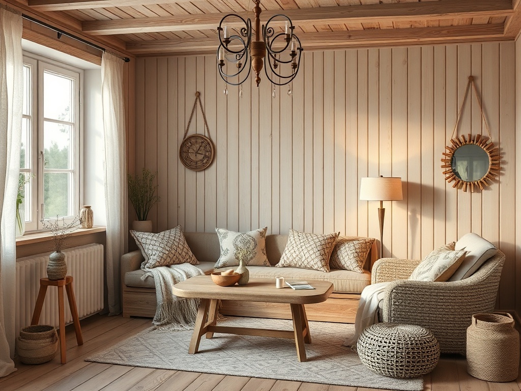 Уютная гостиная в скандинавском стиле с деревяной отделкой и мягкой мебелью, уютный свет и декоративные элементы.