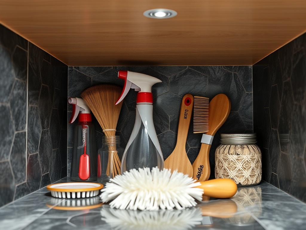 Полка с уборочными принадлежностями: spray, щетка, веник, комки и контейнер. Чистота и порядок на кухне.