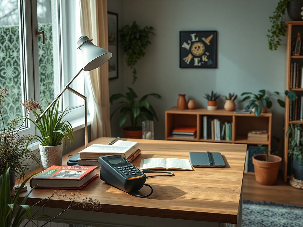 Светлый офис с деревянным столом, растениями, книгами и настольной лампой возле окна. Спокойная обстановка.