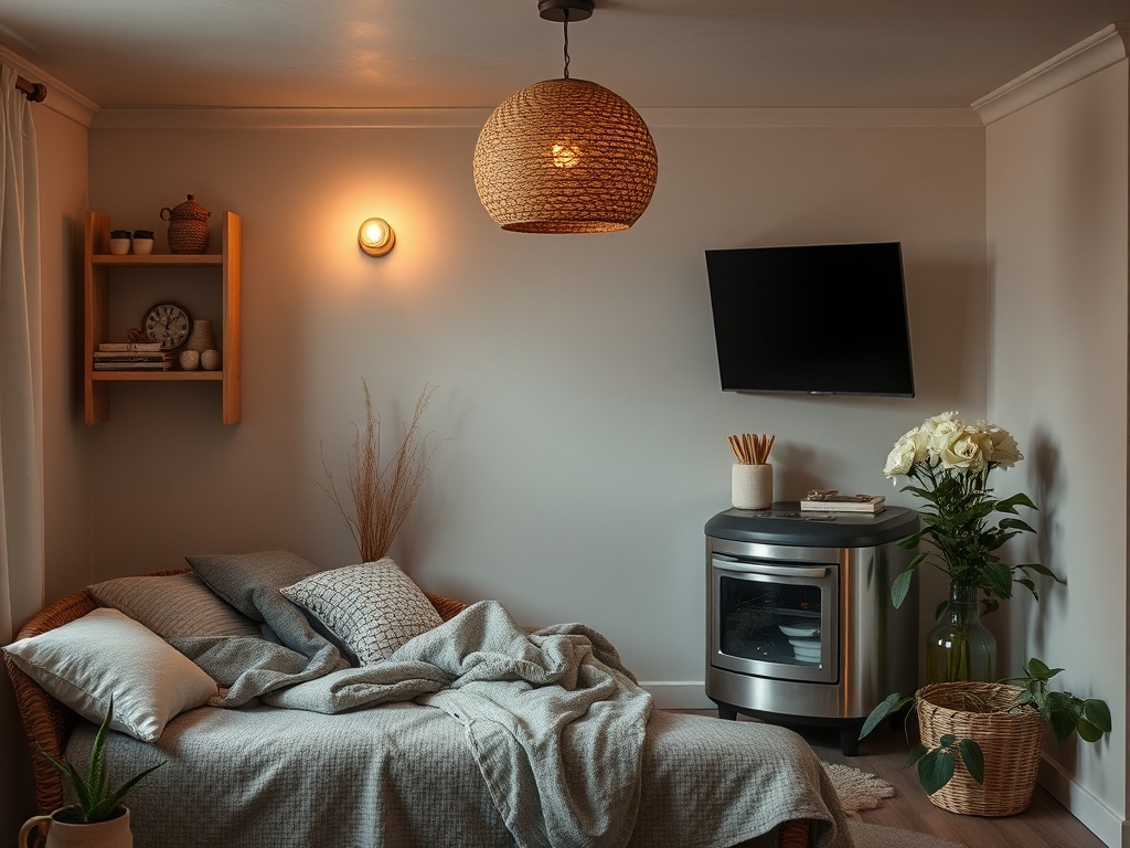 Уютная комната с диваном, телевизором и цветами, создающая атмосферу комфорта и спокойствия.