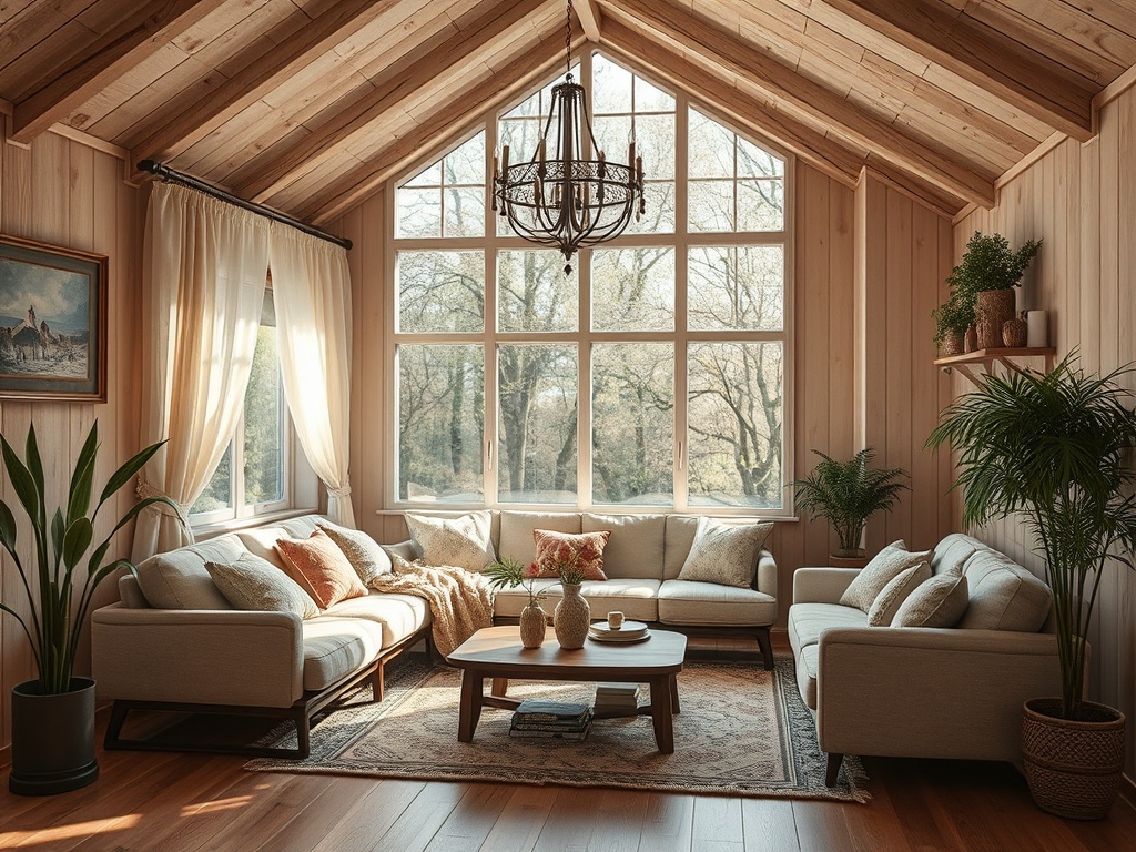 Уютная гостиная с большими окнами, деревянными стенами и комфортной мебелью, окруженная зеленью.