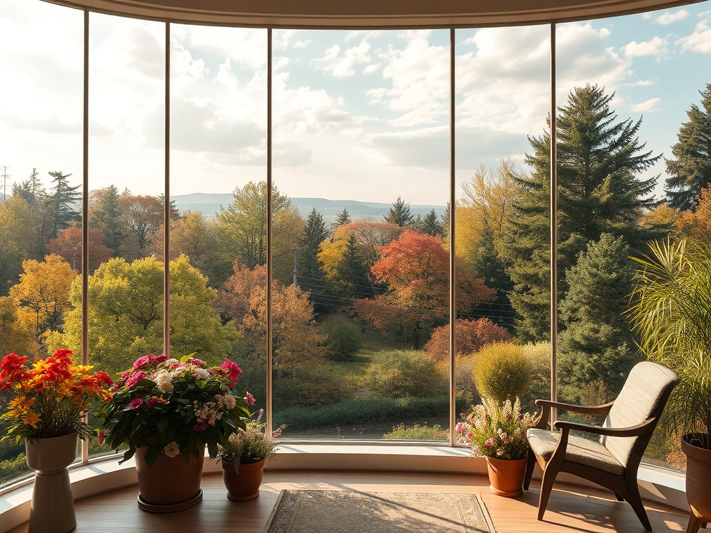 Окно с видом на осенний пейзаж, окружённый зелёными деревьями и цветами внутри помещения.