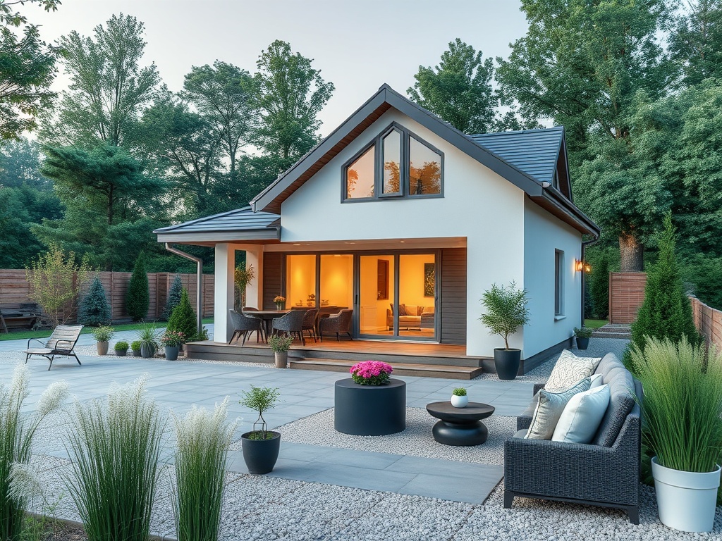 Современный дом с большой террасой, окружённый зелёными деревьями и ухоженным садом. Уютная обстановка.