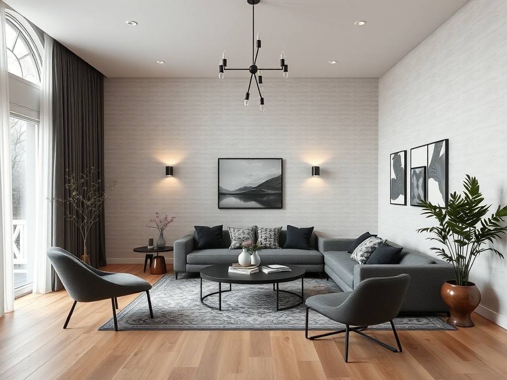 Современная гостиная с серым диваном, креслом, круглым столом и растением у окна. Солнечный свет и уютная атмосфера.