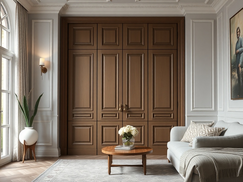 Современный интерьер с кремовыми стенами, деревянными дверями и уютной мебелью, украшенный цветами.