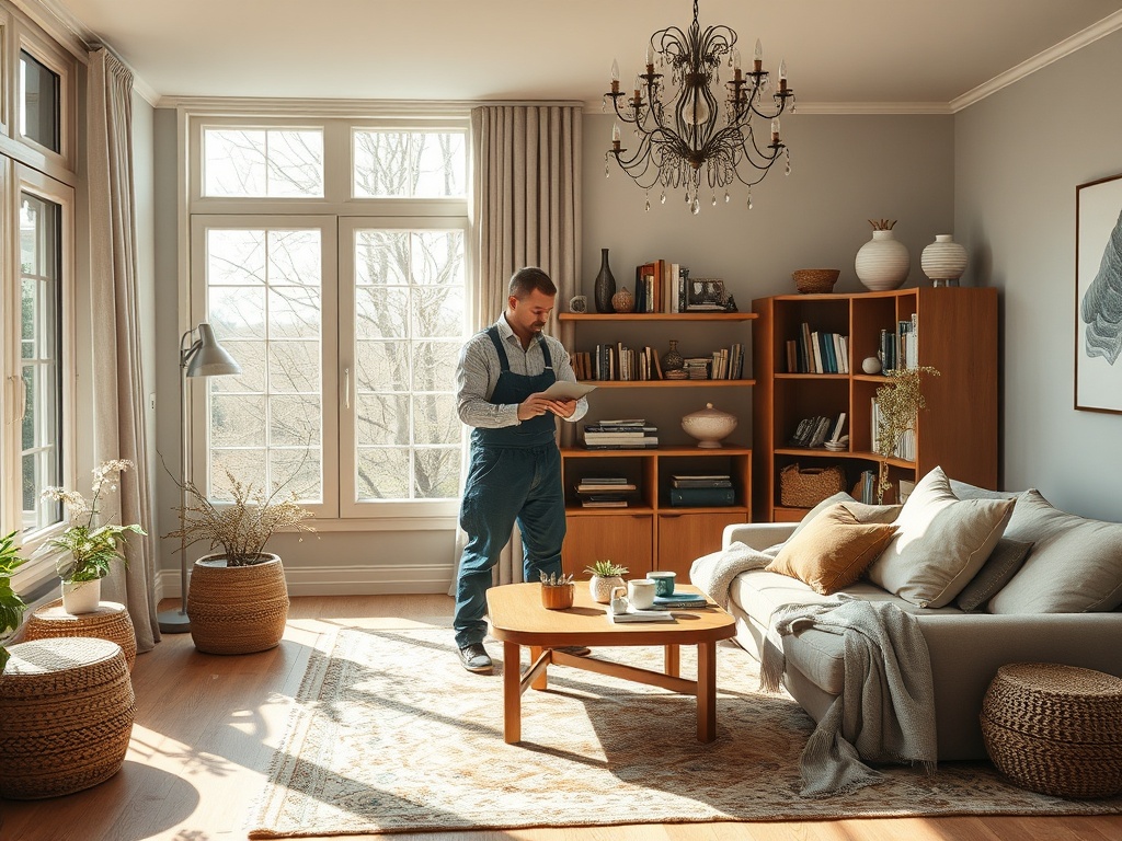 Мужчина в удобной гостиной с книгами и растениями, читает, стоит рядом с журнальным столиком.