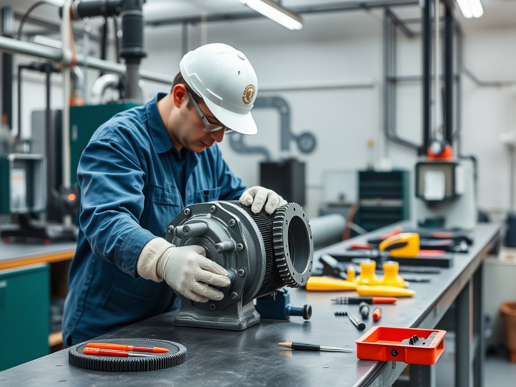 Рабочий в каске собирает механизм на столе с инструментами в промышленной мастерской.