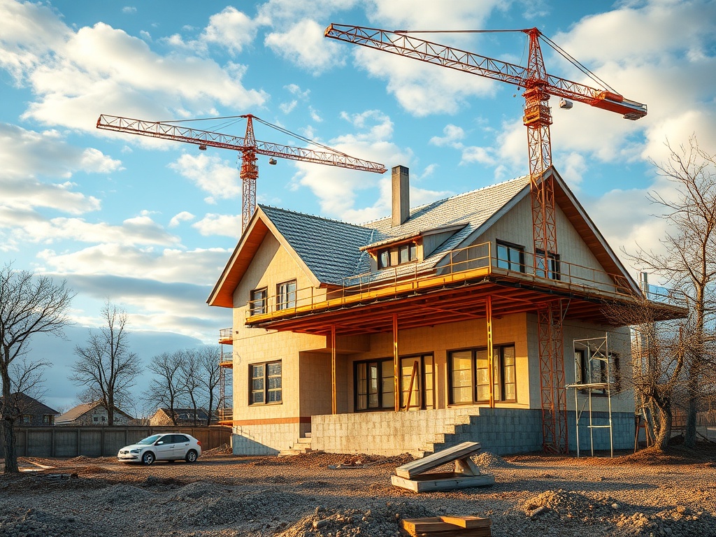 Строящийся дом с двумя рабочими кранами, окруженный строительным мусором и деревьями. Синий небосклон.