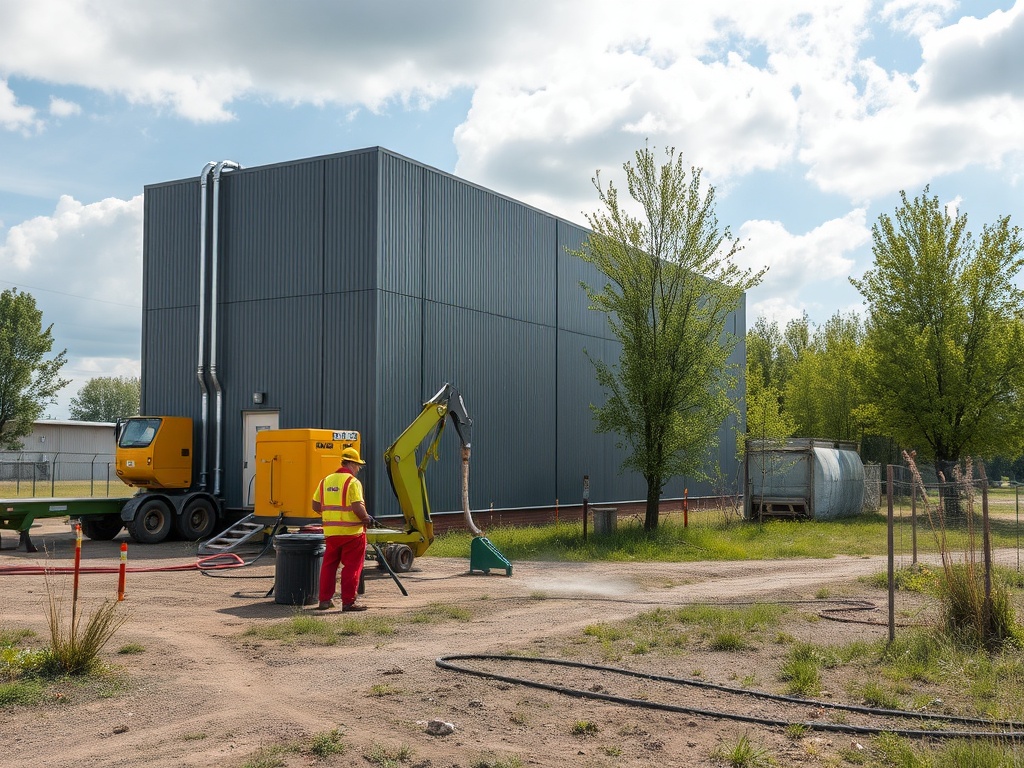 Строение с металлическим покрытием, работник в желтой униформе, техника и деревья на заднем плане.