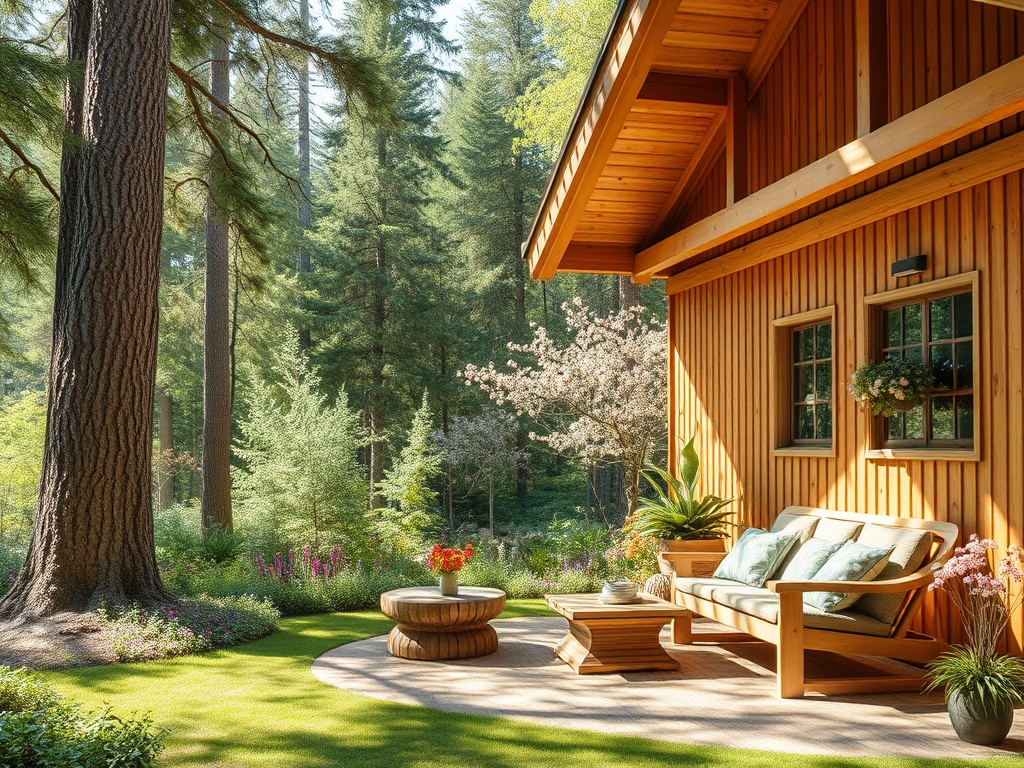 Уютная веранда деревянного дома окружена зелеными деревьями и цветами, идеальна для отдыха на природе.