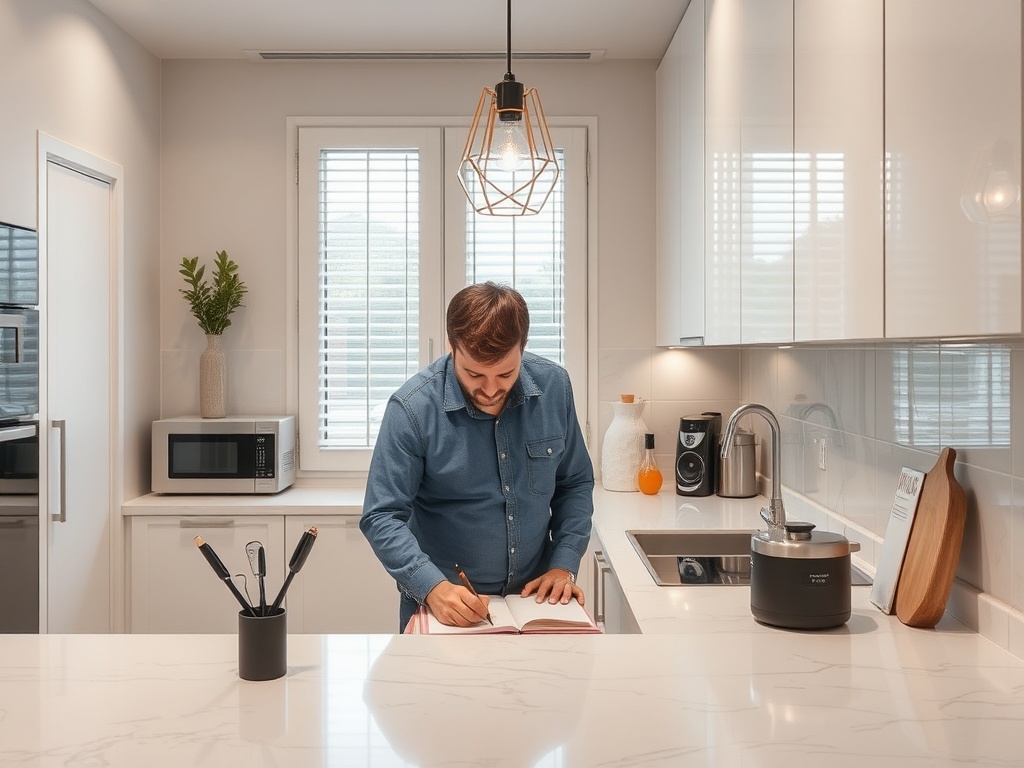 Мужчина на кухне записывает рецепты в блокнот на белом столе. Уютное пространство с светлыми стенами и техникой.