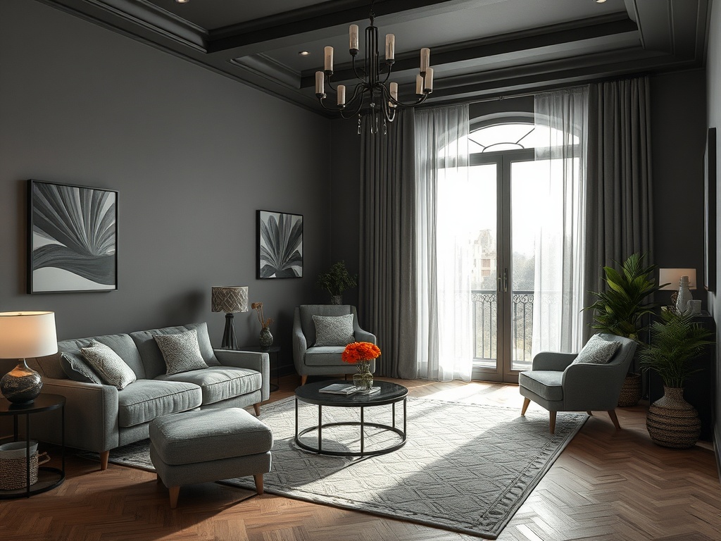 Современный интерьер гостиной с серой мебелью, столиком и большими окнами. Яркие акценты в декоре.