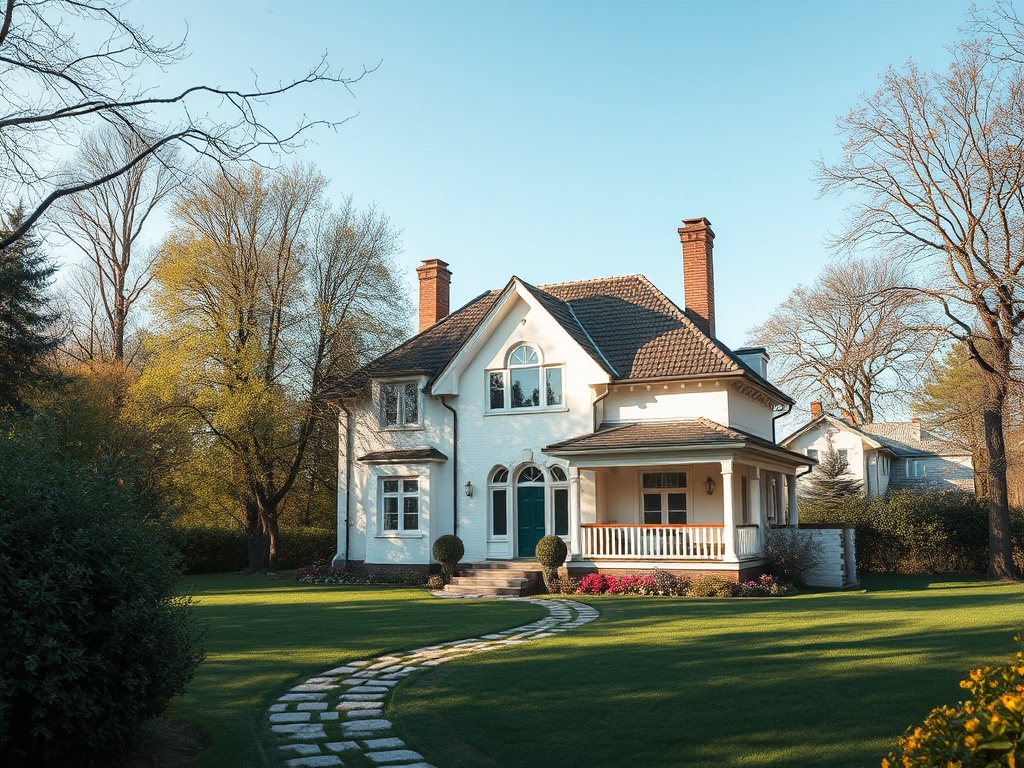 Красивая белоснежная вилла с зеленым газоном и мощеной дорожкой в тихом районе. ясное небо, деревья вокруг.