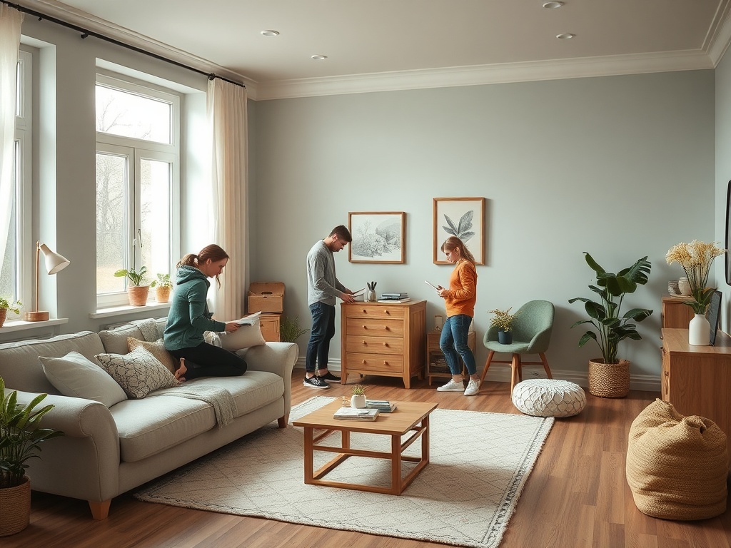 В светлом living room три человека занимаются организацией пространства и книгами. Уютная обстановка с растениями.