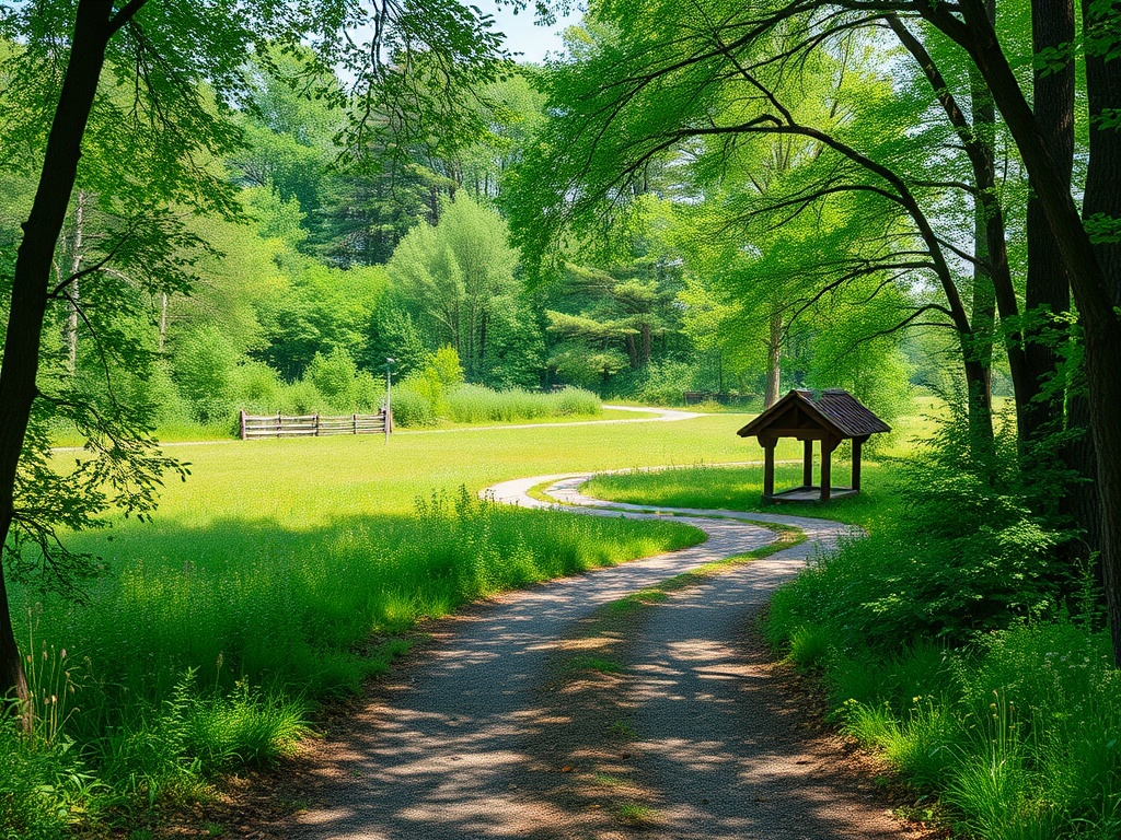 Извивающаяся тропинка среди зелёных деревьев ведёт к беседке на лугу. Тёплый солнечный день.