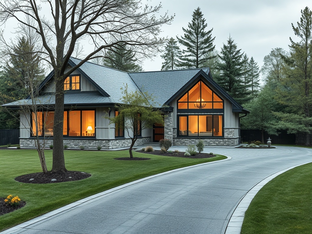 Современный дом с большими окнами и зеленым двором, окруженный деревьями, на фоне серого неба.