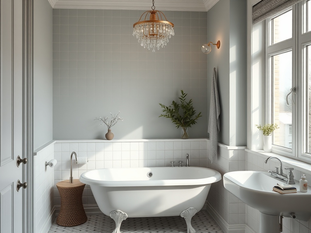 Уютная ванная комната с ванной, раковиной, растениями и светильником, залитая солнечным светом.