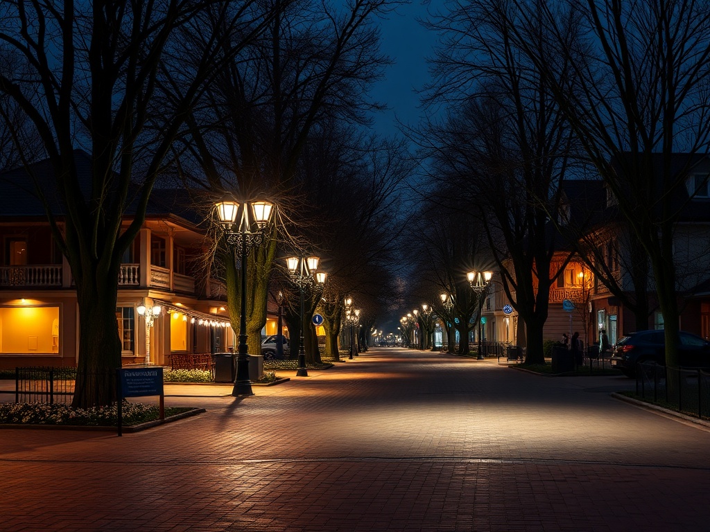Улица в вечернее время, освещенная фонарями, с вечерними огнями на домах и деревьями вдоль тротуара.