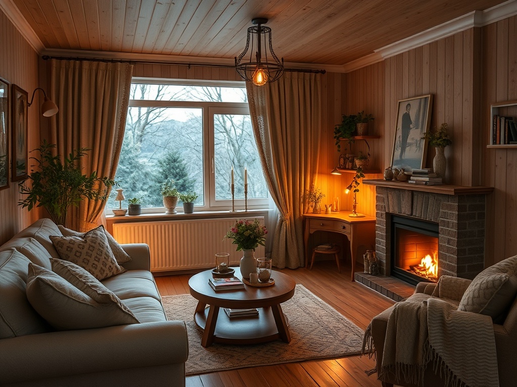 Уютная комната с камином, мягкой мебелью и большими окнами, освещенная теплым светом.