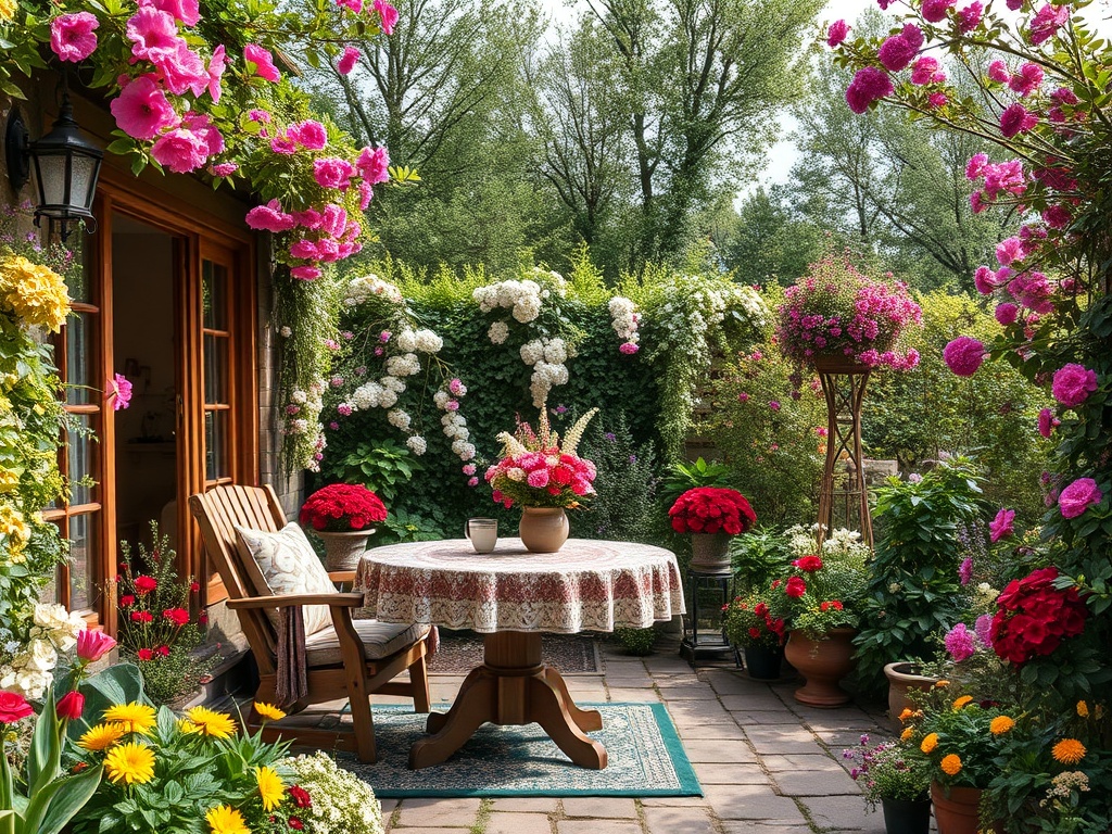 Уютная терраса с цветами, столом и стульями, окруженная зеленью и яркими растениями.
