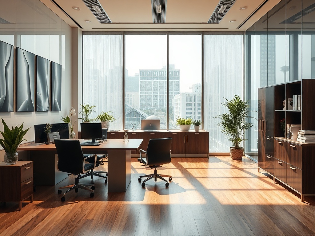 Современный офис с большими окнами, растениями и деревянным полом, наполненный светом.
